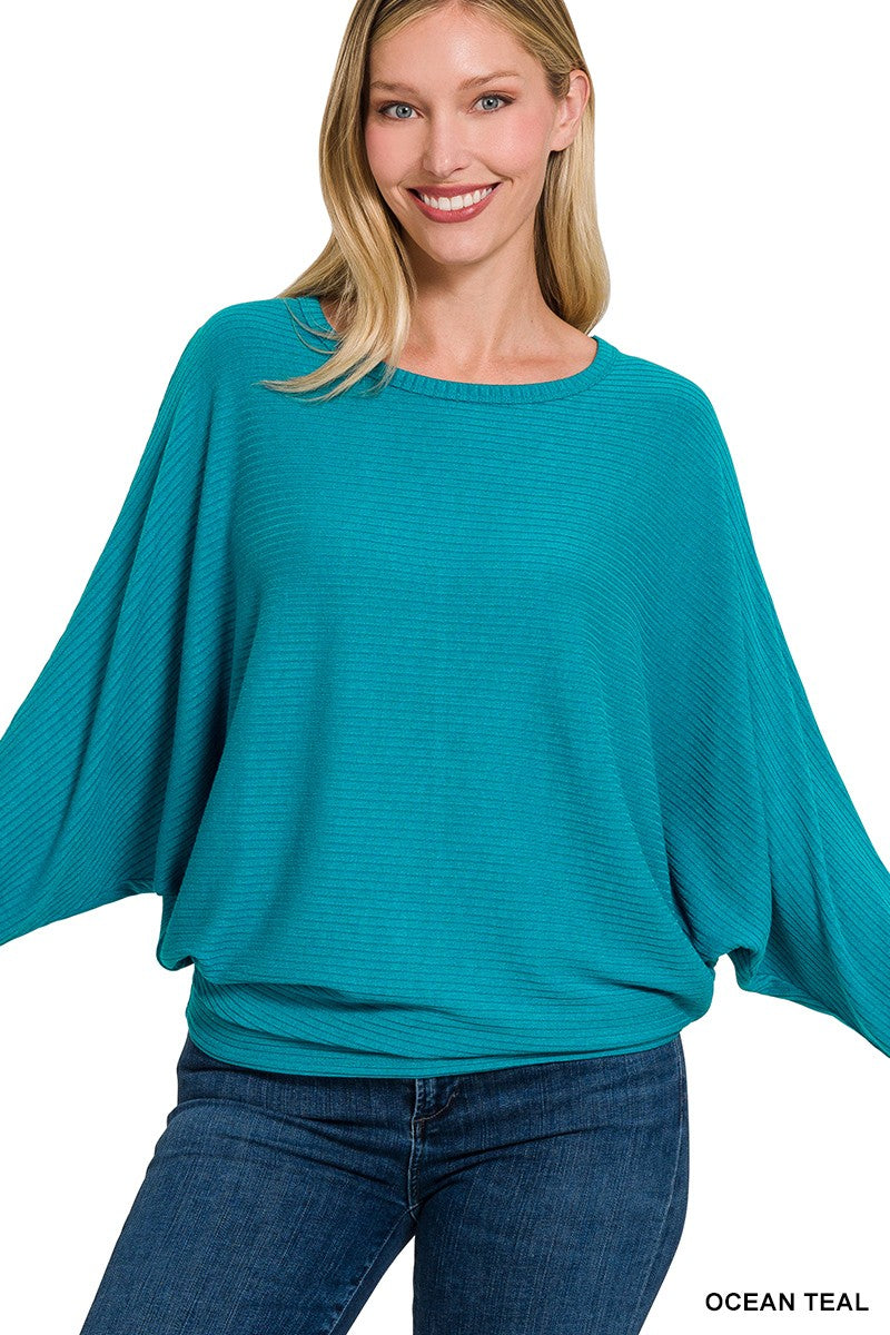 Ribbed Dolman Long Sleeve Boat Neck Sweater - Final Sale