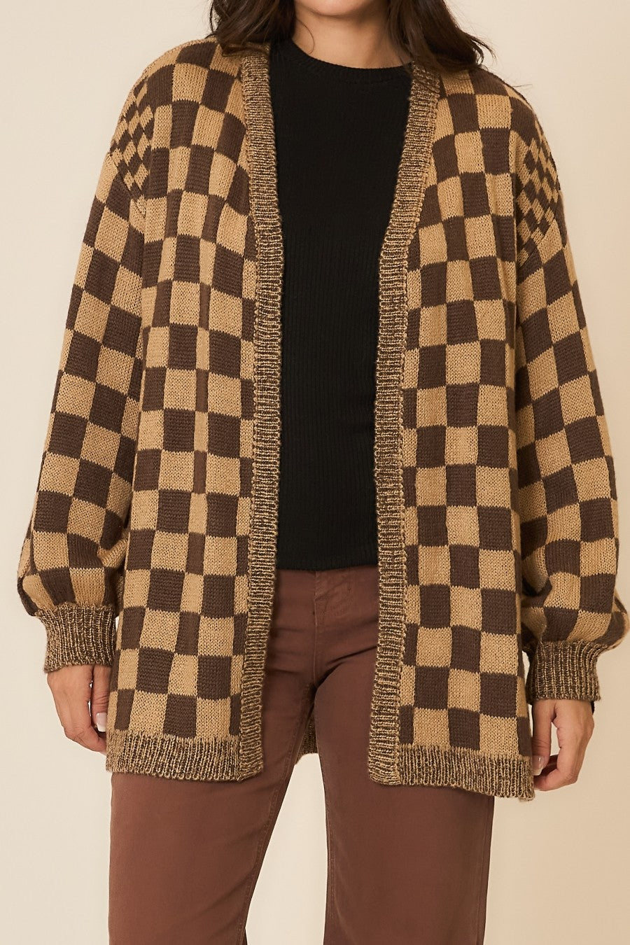 Brown Checker Jacquard Knit Open Cardigan | COZY CO *30A SEPT PREORDER