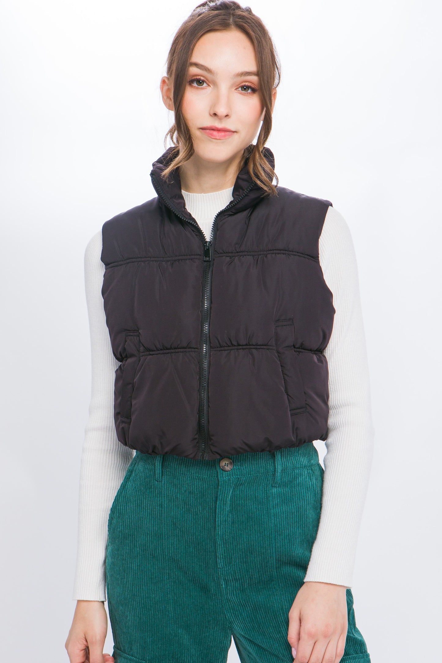 High Neck Zip Up Puffer Vest with Pockets