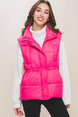 Fuchsia Zip Up Button Puffer Vest with Waist Toggles