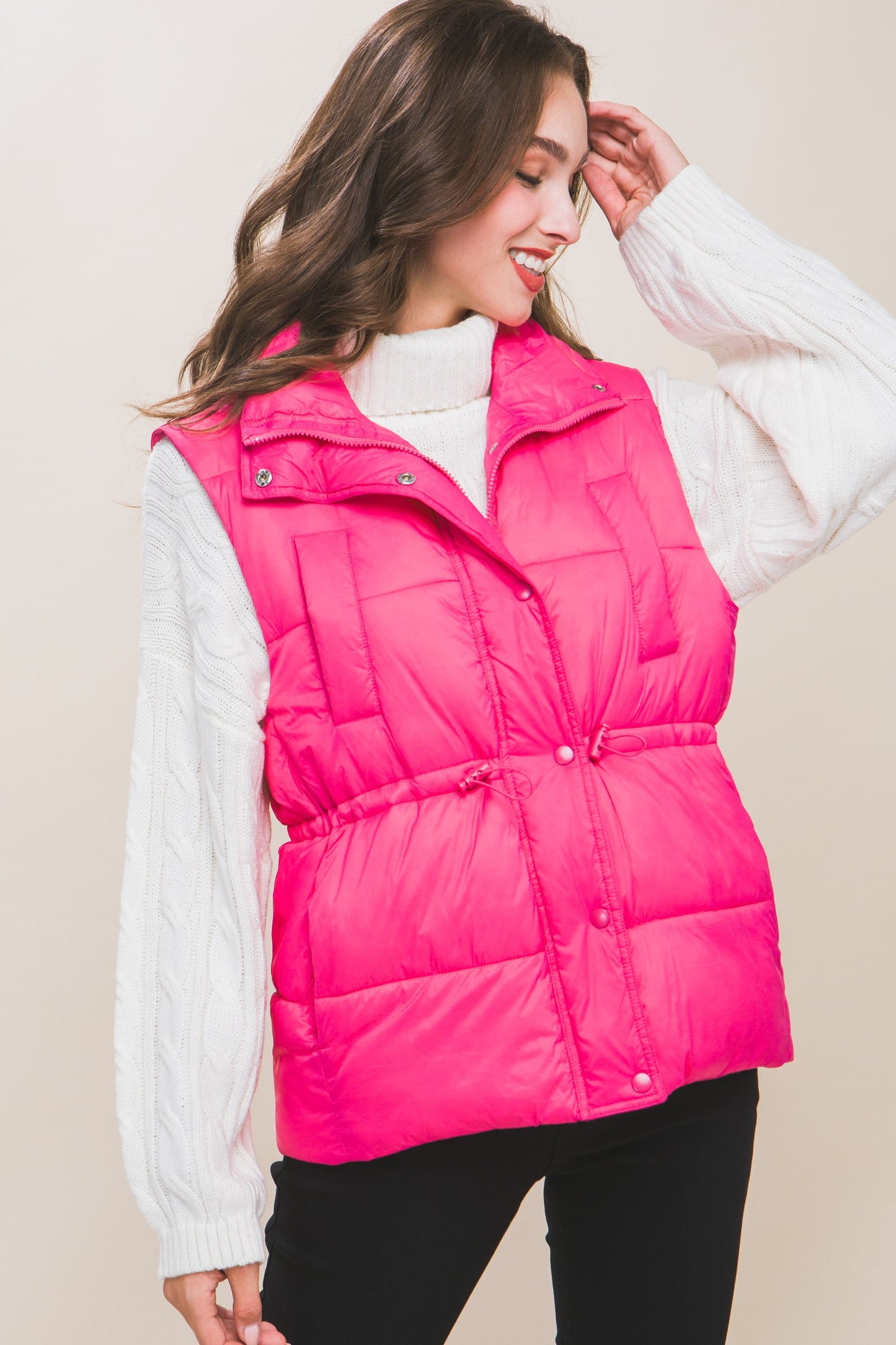 Fuchsia Zip Up Button Puffer Vest with Waist Toggles - Final Sale