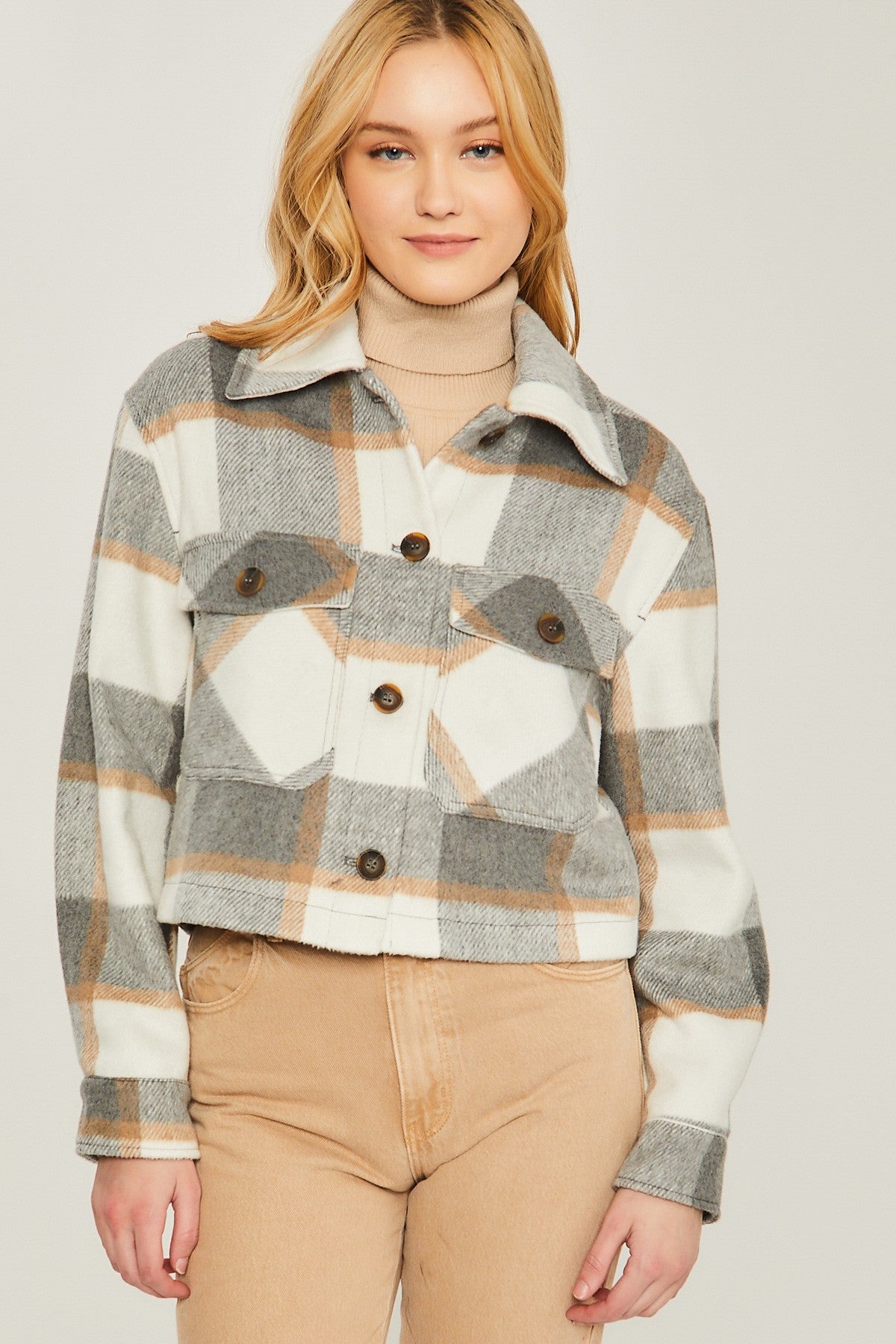 All That You Are  Plaid Button Up Jacket - Grey