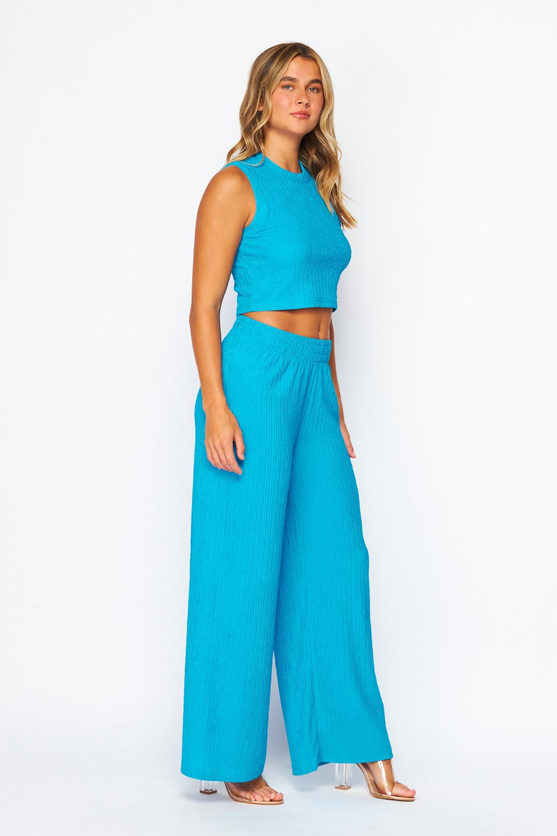 Blue Jewel Crinkle Textured Cropped Top 2pc Beach Set