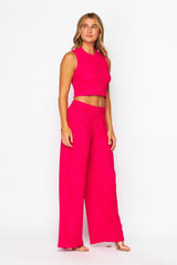 Raspberry Crinkle Textured Cropped Top 2pc Loungewear Set - Final Sale**