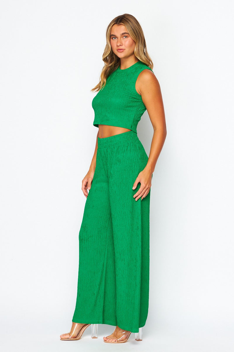 Pine Green Crinkle Textured Cropped Top 2pc Beach Set