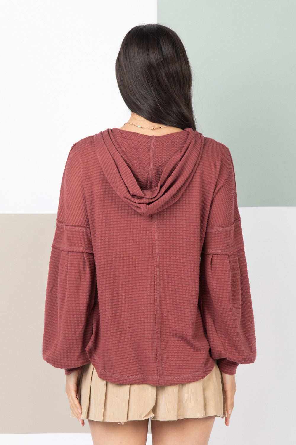 Raw Edge Detail Hooded Knit Henley Top- Final Sale