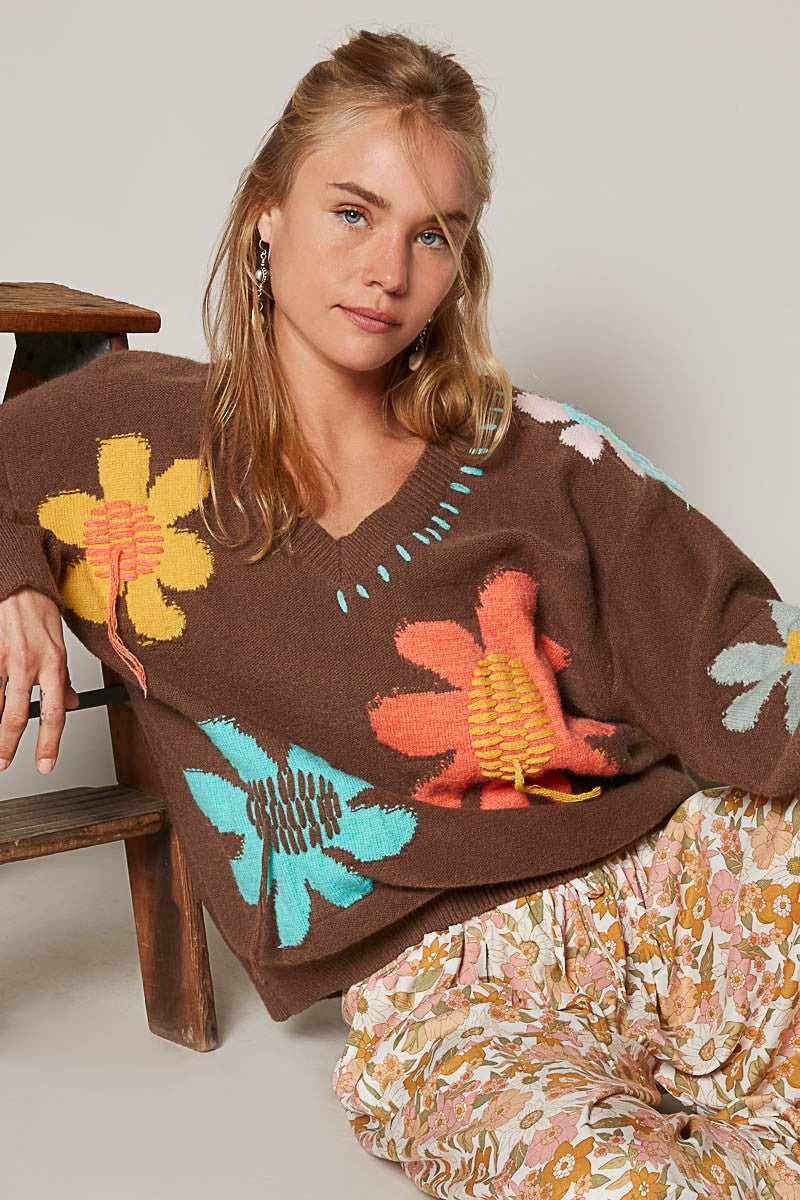 Flower V-Neck Pullover Sweater | POL