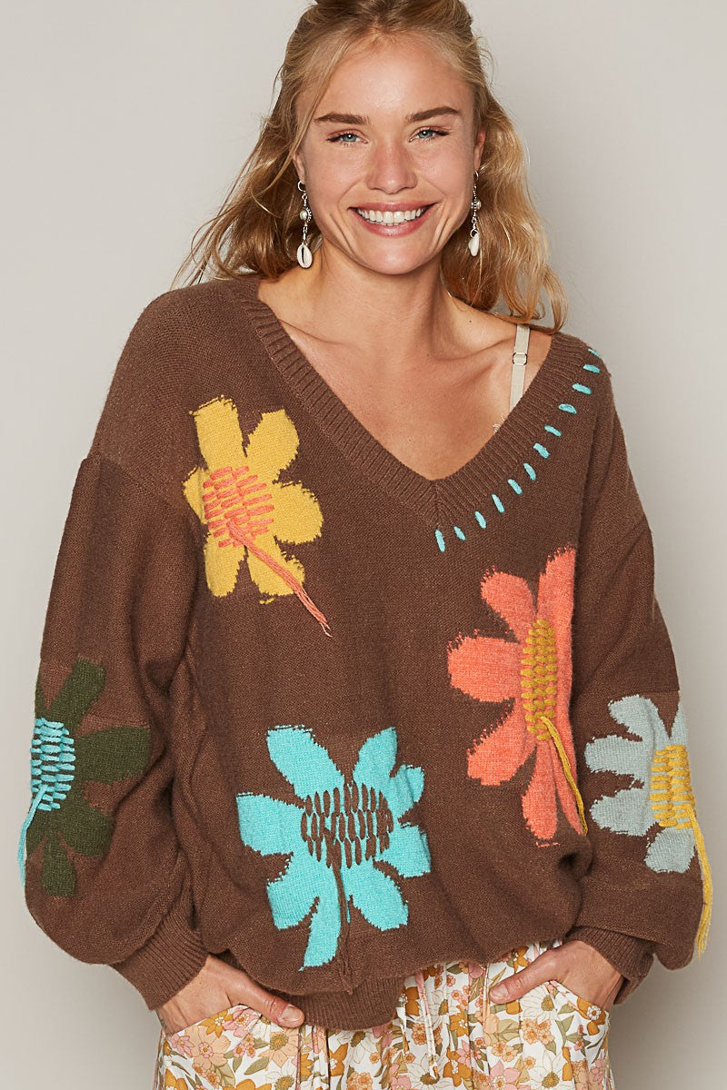 Flower V-Neck Pullover Sweater | POL