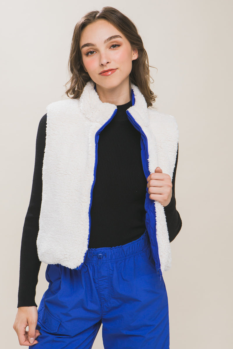 Azure Reversible Puffer Vest with Sherpa Lining