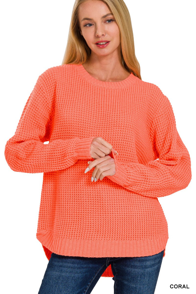Hi-Low Long Sleeve Round Neck Waffle Sweater - Nineteen-86 Boutique