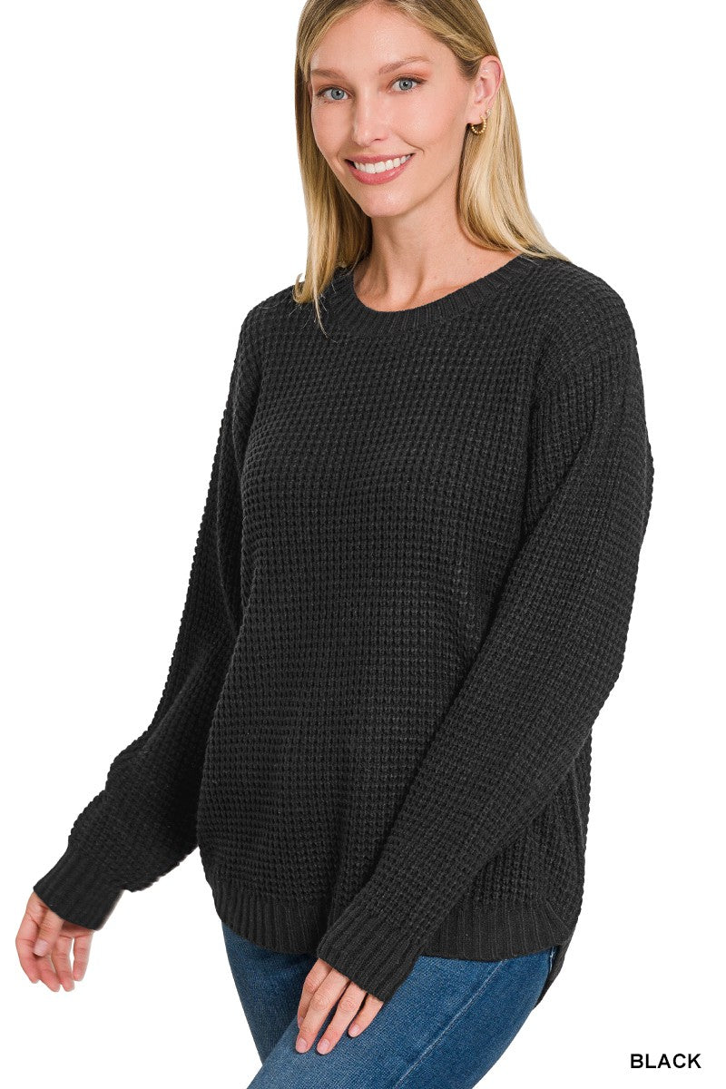 Hi-Low Round Neck Waffle Sweater - Final Sale