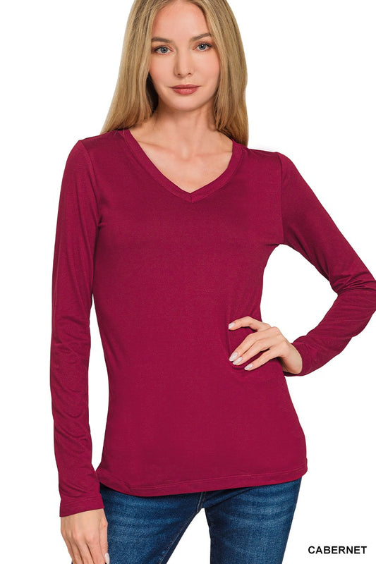 Brushed Microfiber Long Sleeve V-neck Tee (11 COLORS) | ZENANA *LA LIVE PREORDER