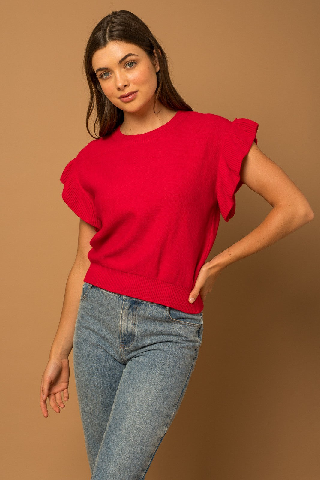 Red Ruffle Sleeve Knit Top - Final Sale