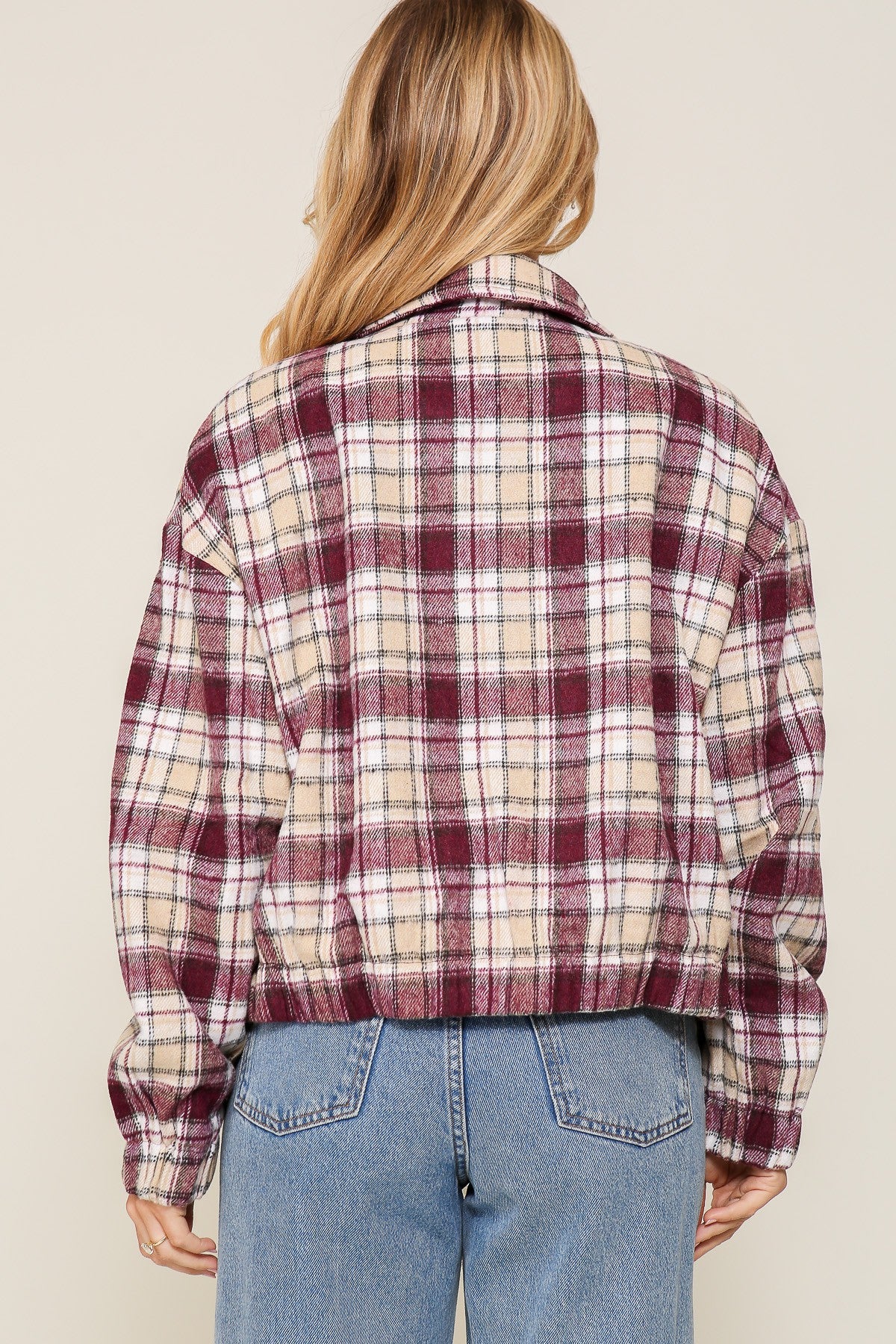 Hints of Fall Plaid Zip Up Jacket - Burgundy