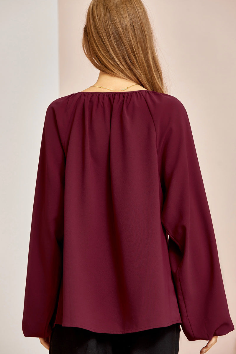 Woven Split Top Blouse Top - Wine