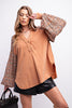 Cinnamon Mixed Fabric Button Top