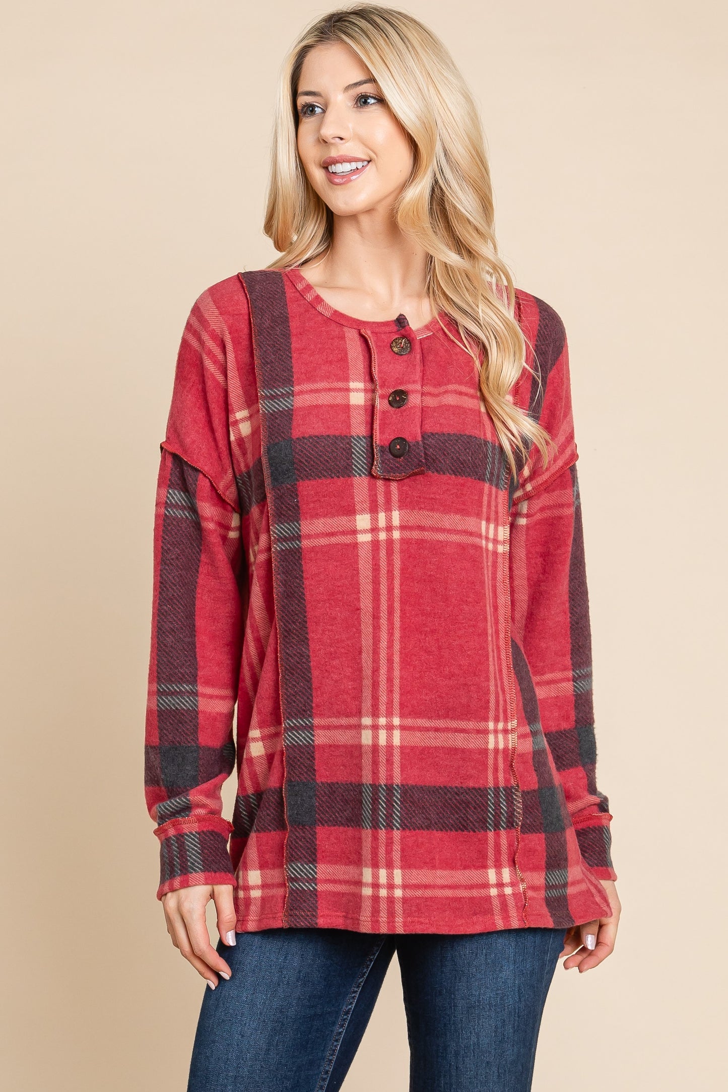 Red Plaid Button Front Long Sleeve Top