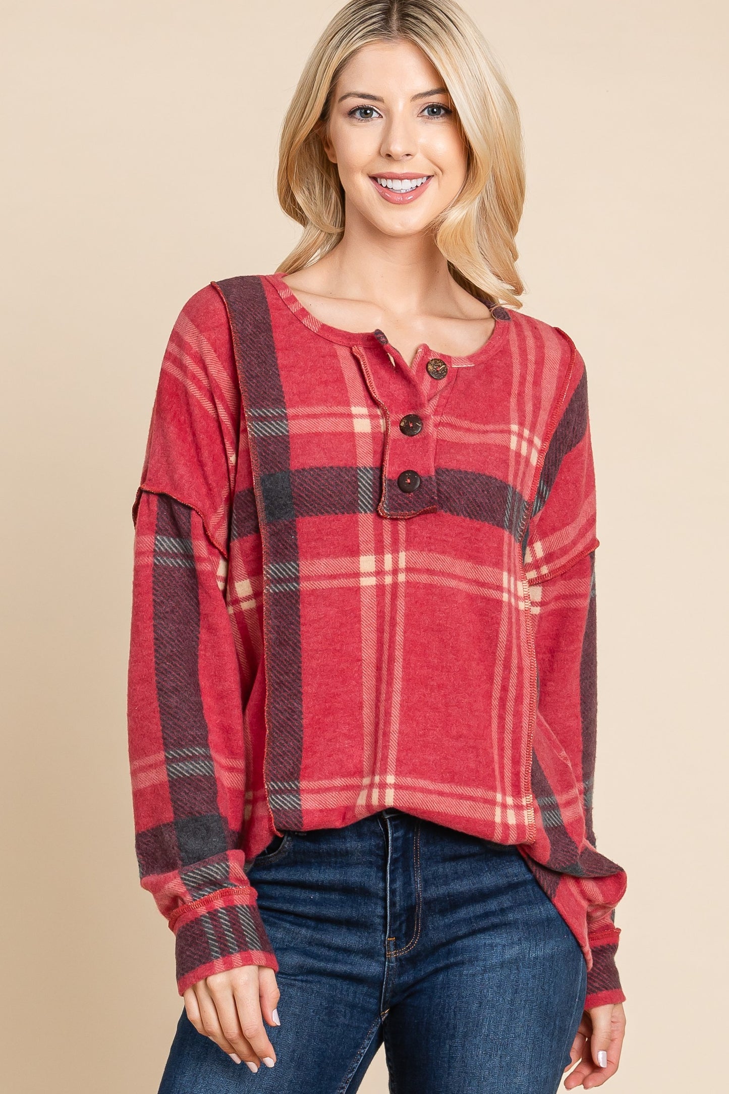 Red Plaid Button Front Long Sleeve Top