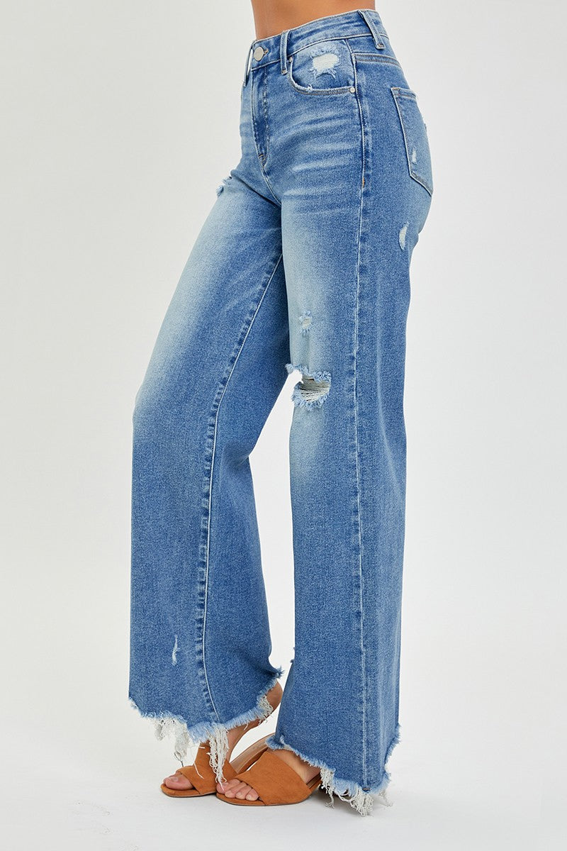 HIGH RISE FRAYED HEM WIDE LEG JEANS | RISEN - Final Sale