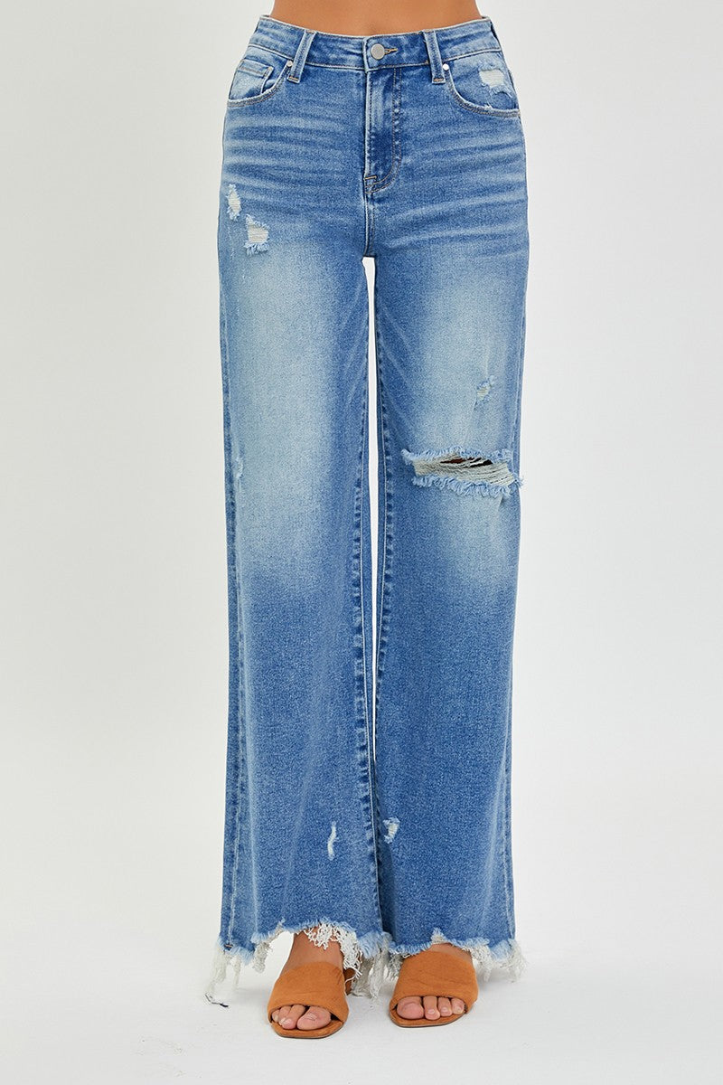 HIGH RISE FRAYED HEM WIDE LEG JEANS | RISEN - Final Sale