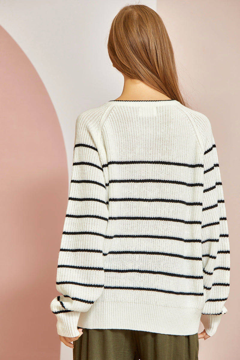Button Striped Knit Sweater