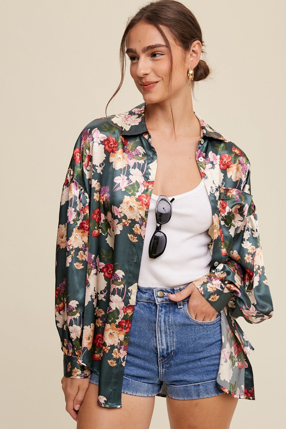 Flower Print Button Down Oversized Satin Blouse