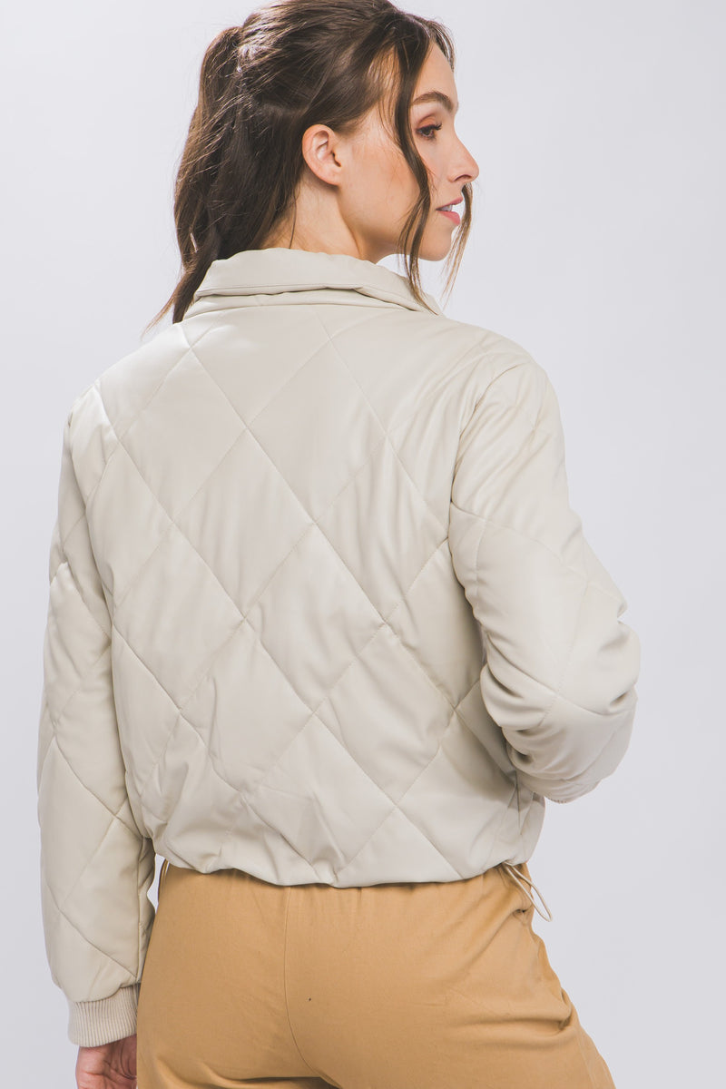 Cream Pleather Puffer Jacket w/ Adjustable Waist
