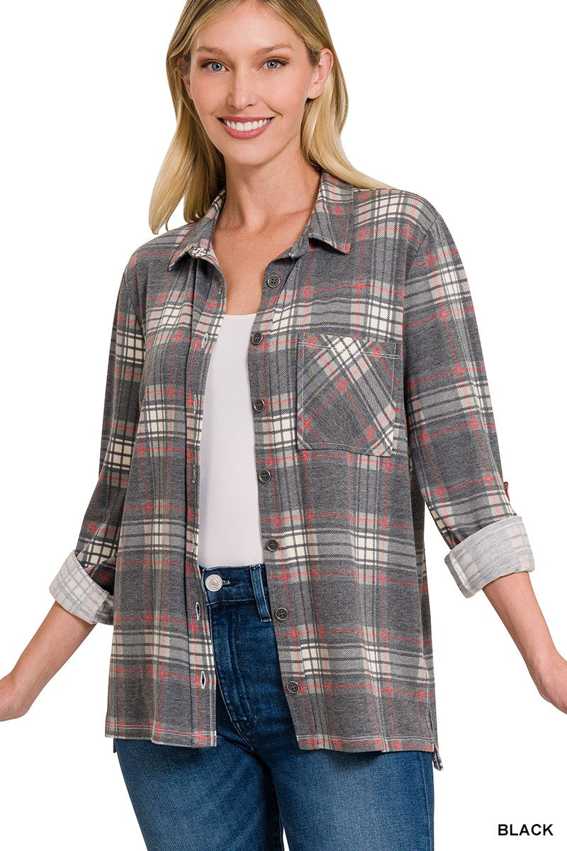 Falling for Plaid Roll Up Long Sleeve Shacket - Black