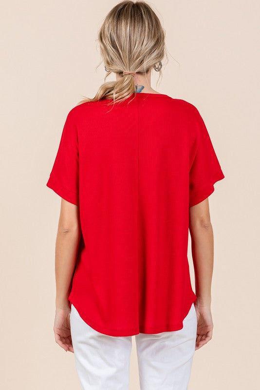 Tomato Red Ribbed Open Fold Short Sleeve Top