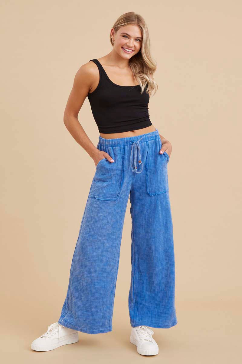 Cobalt Blue Textured Wide Leg Pants - Final Sale