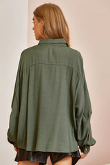 Oversized Woven Button Down Blouse Top - Olive