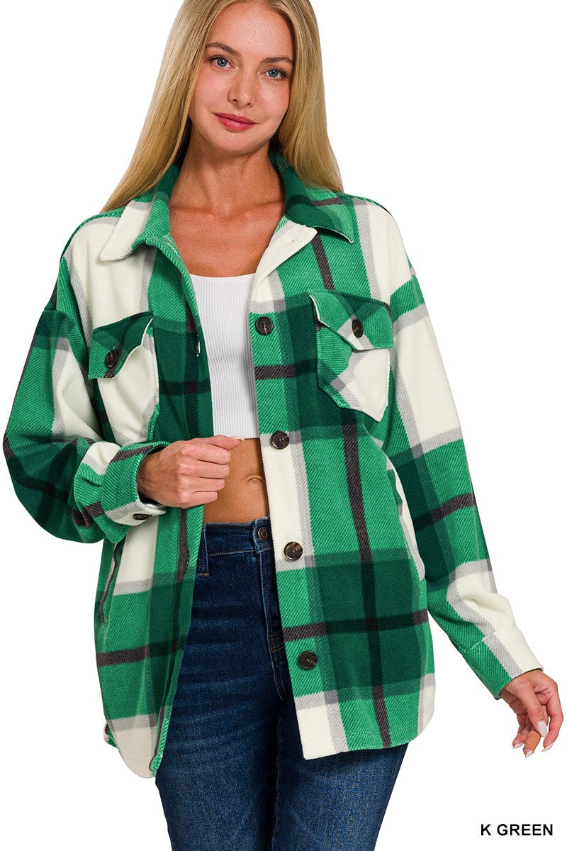 Kelly Green Oversized Plaid Fleece Shacket