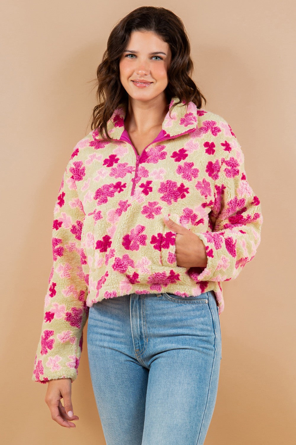 Fuchsia Floral Sherpa Pullover Tops - Final Sale