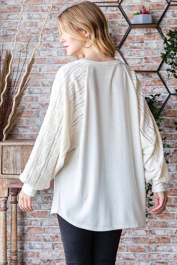 Cream Solid Lace Contrast Long Sleeve Top*DEAL - COUPON EXCLUDED*