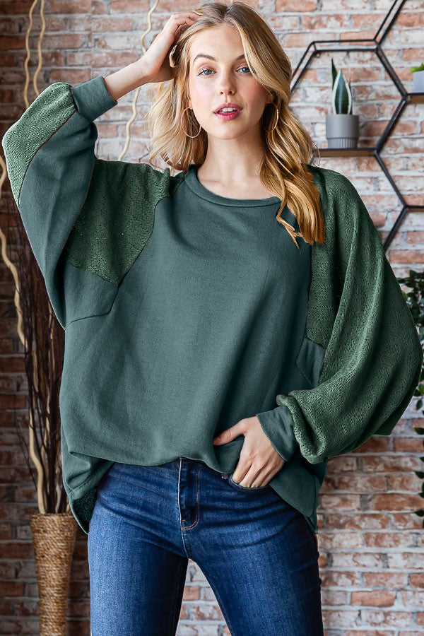 Solid Olive Lace Contrast Sweater Top*DEAL - COUPON EXCLUDED*