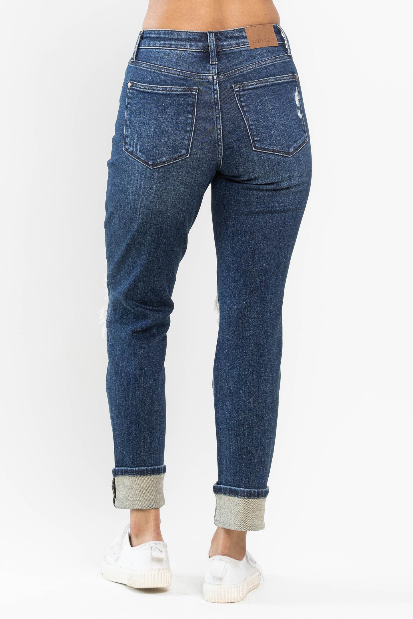 Mid Rise Buffalo Plaid Destroy Patches Boyfriend Cuff Denim Jeans | Judy Blue** - Final Sale