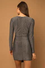 Silver Long Sleeve Pleated Mini Dress - Final Sale