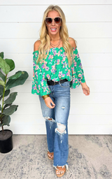 Blossoming With Joy Off The Shoulder Floral Blouse | Green | FINAL SALE