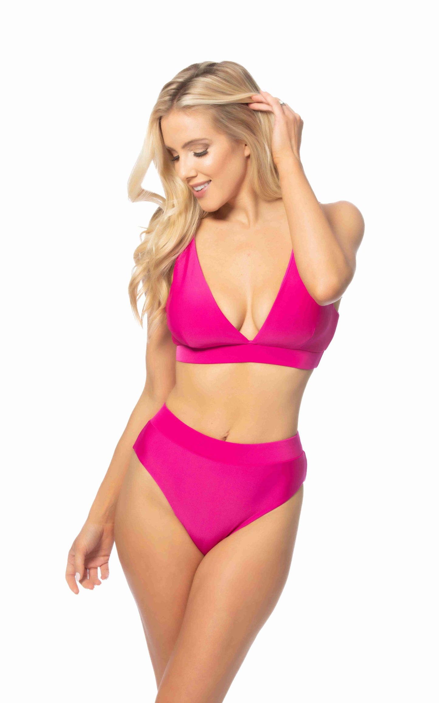 Fuchsia Solid V Front High Waist Banded Bikini Swim Set (TOP & BOTTOM) - Final Sale