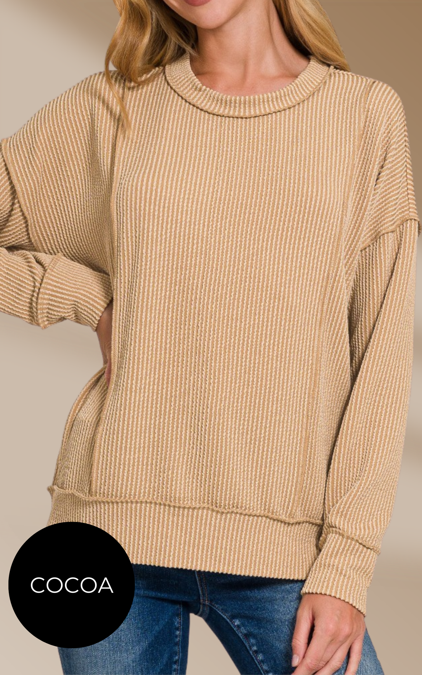 Corded Rib Long Sleeve Round Neck Pullover* - Final Sale