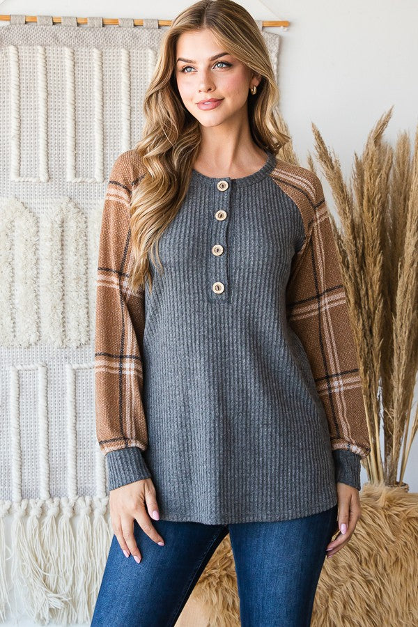 Solid Waffle Plaid Sleeves Top  * -Hemish