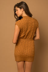 Mock Neck Sleeveless Cable Sweater Dress w/ Belt - Final Sale