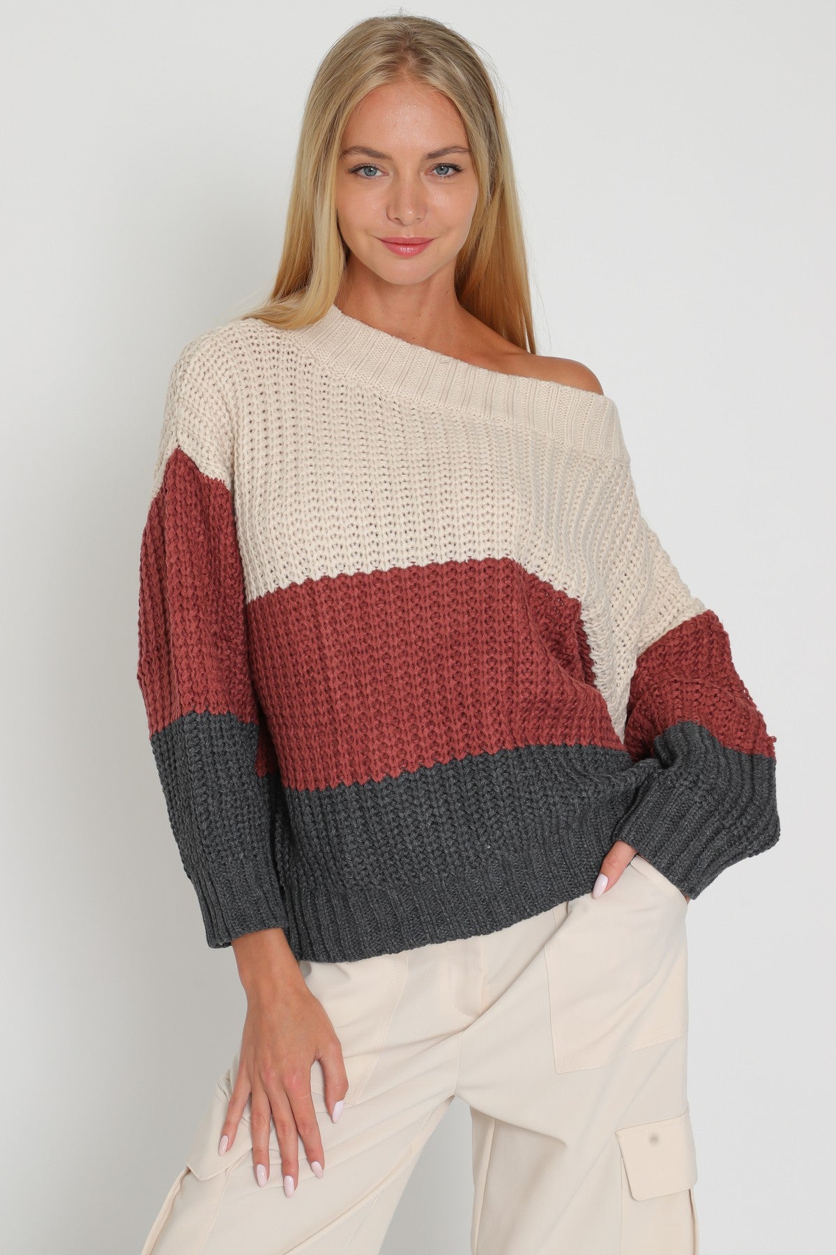 Beige/Red Bean Color Block Off Shoulder Sweater Top