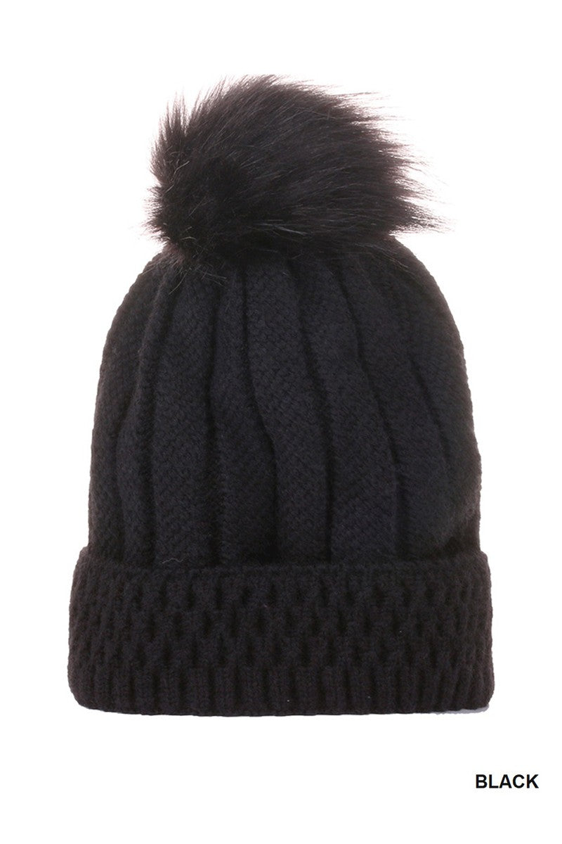 Knitted Pom Pom Beanie Hat - Black