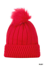 Knitted Pom Pom Beanie Hat - Ruby