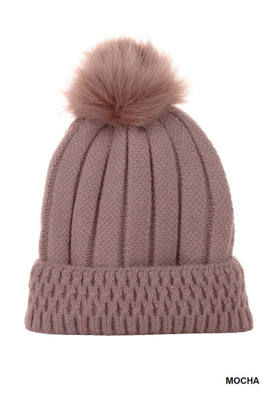 Knitted Pom Pom Beanie Hat - Mocha** - Final Sale