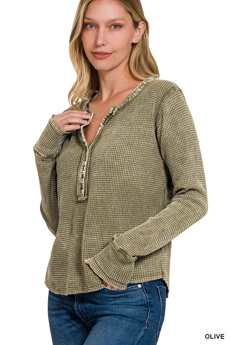 olive Washed Baby Waffle Long Sleeve Henley