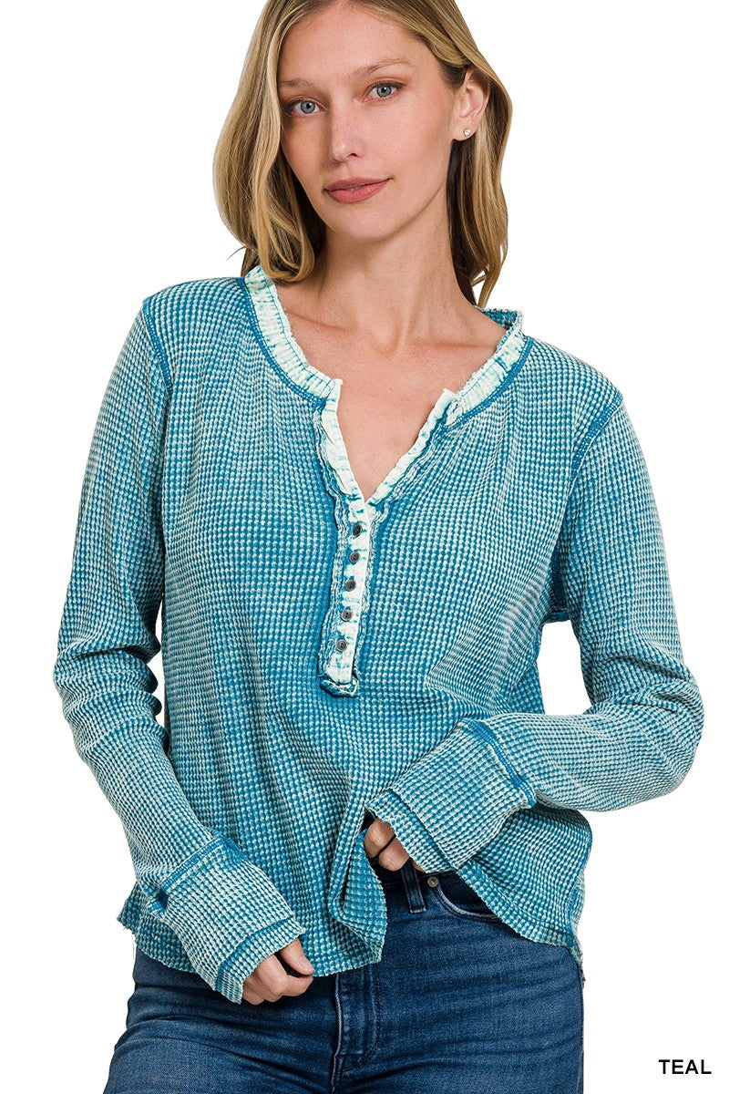 WASHED BABY WAFFLE HENLEY NECKLINE LONG SLEEVE TOP - Southern Trends