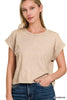 The Lakin Washed Cotton Cuffed Short Sleeve Top | ZENANA DEAL