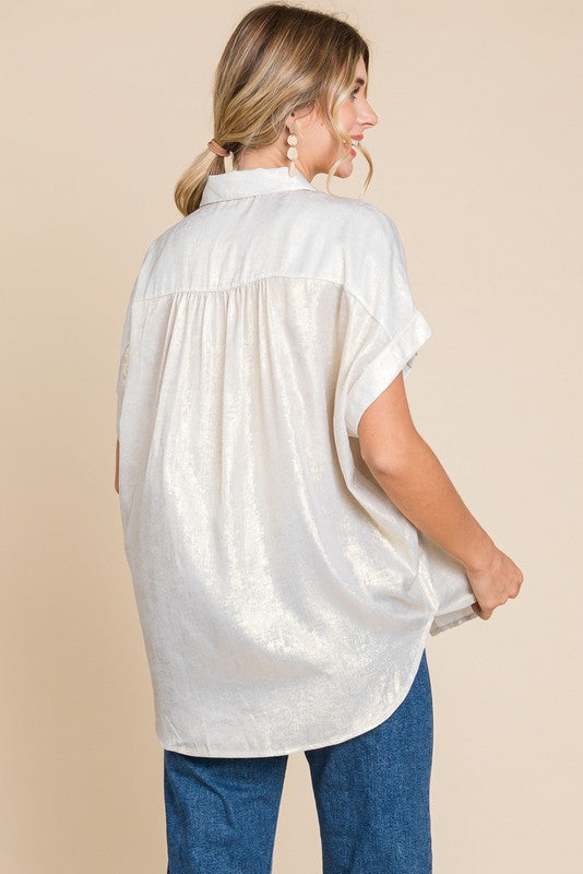 Pearl Metallic Collared Button Up Top